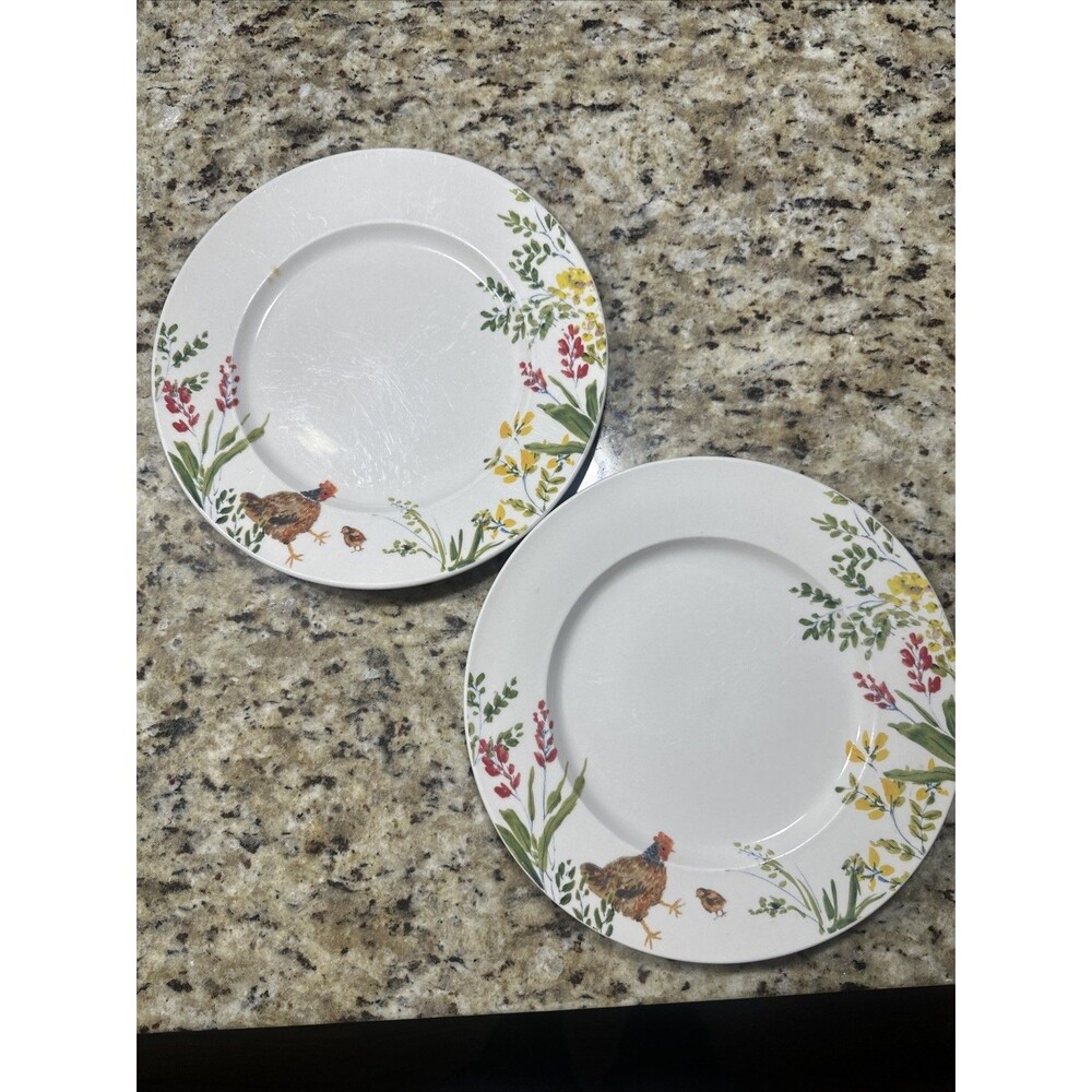 Paula Deen Garden Rooster 2 Dinner Plates Replacements 10 7/8" Discontinued